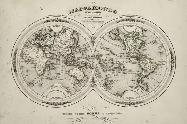 Mappamondo d'epoca a due emisferi curato da J.G. Barbié du Bocage e pubblicato a Torino nel 1843